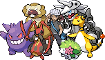 gen 5-style sprite of a customized x/y male protagonist alongside an ampharos, kricketune, shiny bibarel, land-forme shaymin, aggron, and gengar